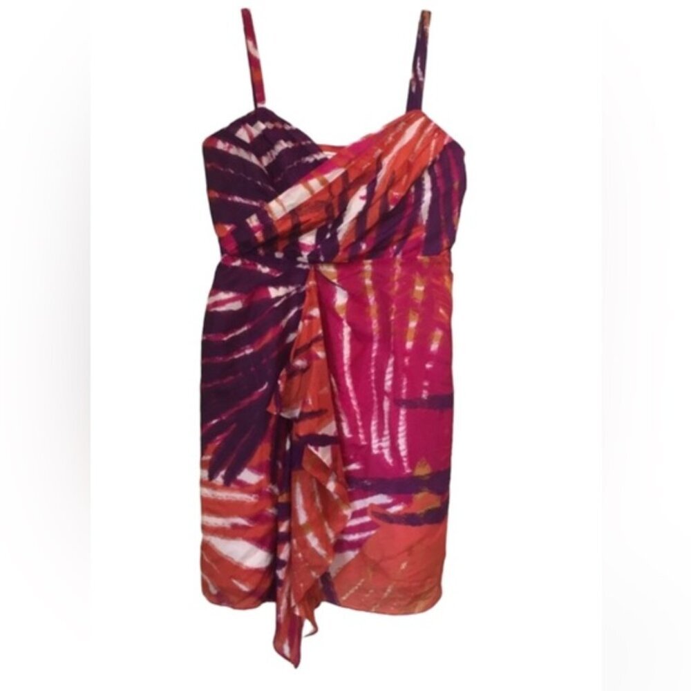 Banana Republic Front Wrap Ruched Ruffles Straps Silk Blend Mini Dress Tropical